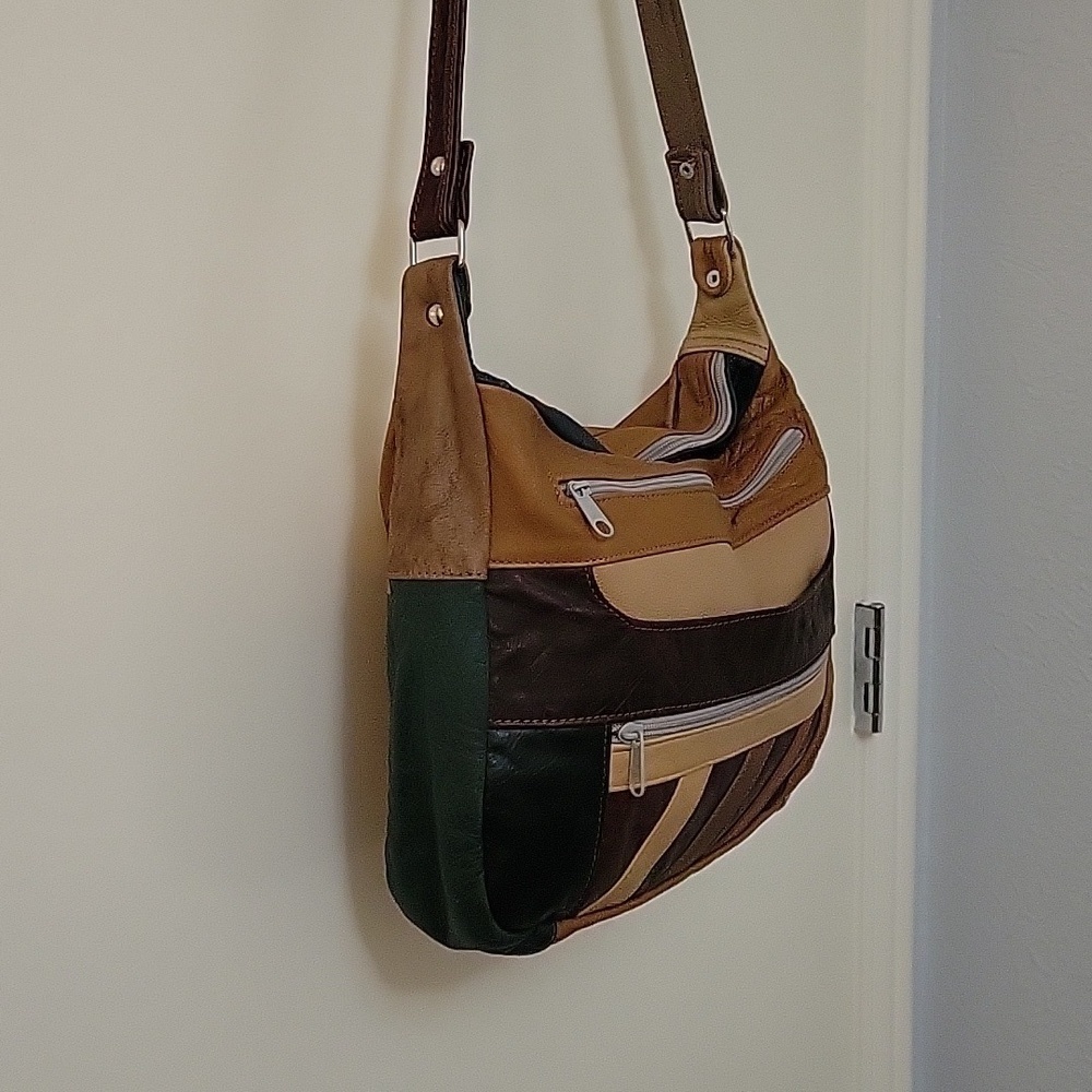 True Vintage 1970s Mexican Leather Colorblock Patchwork Hobo Shoulder Bag - Picture 8 of 12